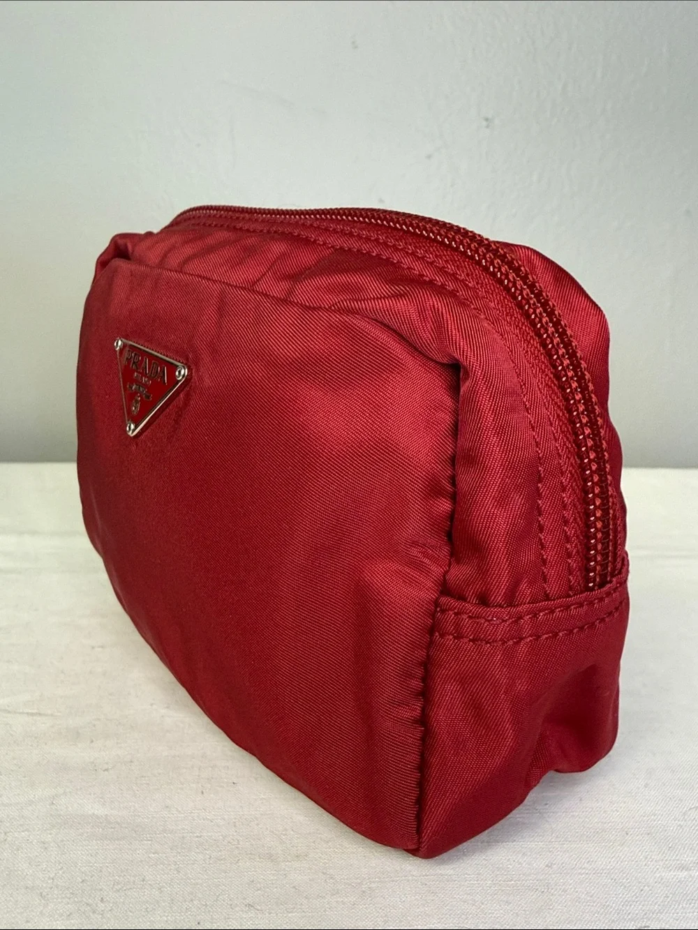 Prada Red Tessuto Nylon Triangle Logo Cosmetic Makeup Pouch Bag Italy